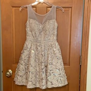 Taupe Homecoming Cocktail Sequin Flower Dress